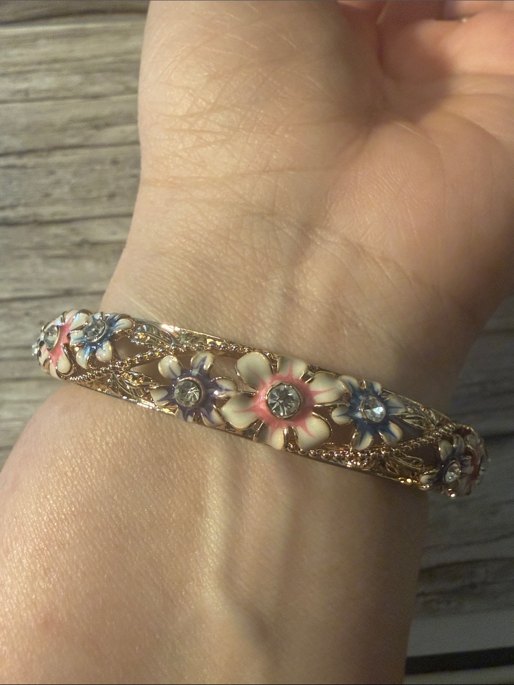 Gold Plated Floral Enamel Wide Bangle Bracelet with Pink and Blue Flowers